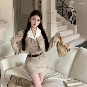 Work Dresses Elegant Celebrity Girl 2 Piece Sets For Women Fall Tweed Short Coat&Belted Pencil Mini Tank Dress Two Pieces Skirt Suits