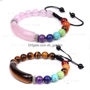 Pulseira de ponte de pedra natural frisada corda trançada ajustável pedra preciosa ametista tigre olho ágata ônix yoga 7 chakra contas pulseiras dhelq