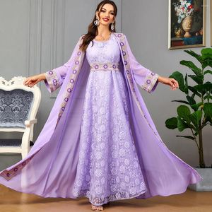 Etniska kläder marockanska 2 bit Abaya Set Jilbabs för kvinna chic lila chiffong spetsband bälte arabisk klänning ramadan musulmane caftan