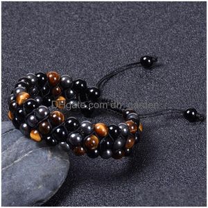 Catena 6Mm Pietra Naturale Occhio di Tigre Giallo Agata Nera Bracciale a Tre Strati Avvolgente Bracciali con Pietre Preziose Ematite Intrecciata Polsino con Polsino Dhroz