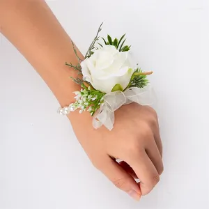 Bangle 1PC Wedding Boutonniere Rose Pearl Breast Flower Wrist Corsage Bridesmaid Sisters Bracelet For