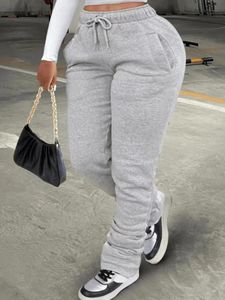 LW Plus Size Plain Pocket Sweatpants Mid midja Drawstring Ruched Women Pants Stapled Trousers Sporty Casual Daily Bottoms 240122