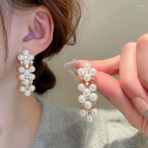 Dangle Earrings Minar Chic White Color Faux Pearl Flowers Long Drop For Women 14K Real Gold Plated Copper CZ Zircon Tassel Earring