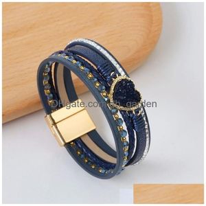 Chain Woman Girls Crystal Heart Hand Woven Leather Bracelet With Magnet Buckle Mtilayer Bracelets Jewelry Drop Delivery Dhfxr