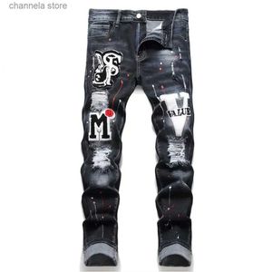 Men's Jeans Men y2k Stretchy Denim jeans Ripped Skinny Letter Print elastic waist Casual pants for men Hole Slim Fit Denim Hip Hop Trousers T240218