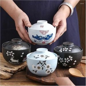Bowls Japanese Ceramic 4.25Inch Stew Pot Bowl With Lid Steam Egg Soup Small Steaming Cup Slow Cooker Home Restaurant Tableware Drop De Oth18