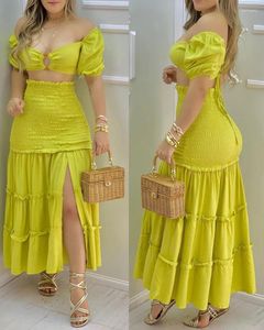 Work Dresses Summer 2 Piece Set Women Elegant Outfits O-Ring Crop Top & Frill Hem Shirred Slit Maxi Skirt Casual Slash Neck Sets Clothes