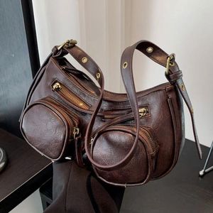 Evening Bags Brand Designer PU Leather Women's Shoulder Bag Retro Drawstring Zipper Motorcycle Crossbody Hobos Handbag