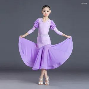 Stage Wear Ballroom Dance Dresses For Girls Puff Sleeve Leotard Rhinestone Skirt Standard Waltz Competition Costume Tango Dancewear VDB5652