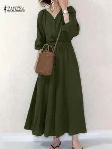 Casual Dresses Femme V Neck Long Sleeve Elegant Sundress 2024 ZANZEA Summer Women Solid Dress Bohemian Drawstring Holiday Kaftan