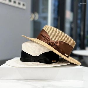 Wide Brim Hats Natural Straw Boater Fedora Top Flat Hat Women Summer Beach Cap With Bowknot Ribbon For Holiday Party