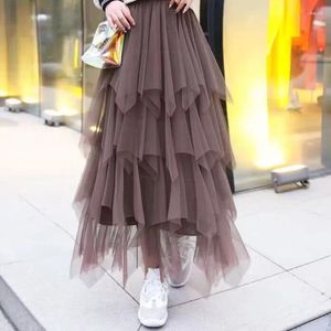 Skirts Women Party Long Midi Skirt Korean Fashion Female Elastic High Waist Pleated Cake Mesh Irregular Tutu Tulle