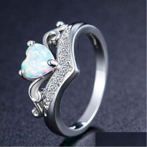 Band Rings Fashion White Fire Opal Natural Stone Heart Crystal Women Ladies Ring Gifts Jewelry Wedding Party Anniversary Drop Deliver Dhhph