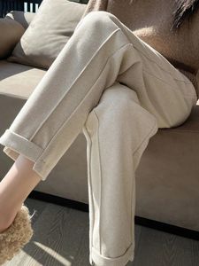 Твидовые прямые брюки с высокой талией, осень-зима 2023, женские свободные повседневные теплые укороченные брюки с узором «елочка» 240202