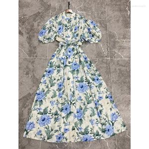 Abiti da festa Abito da camicia maxi con bottoni in chiffon con stampa a fiori grandi, colletto alla coreana, maniche a sbuffo, cintura con cintura alla caviglia