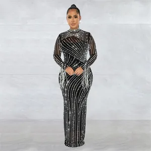 Sıradan elbiseler kadın örgü püskül uzun kollu elmas rhinestones bodycon midi maxi elbise ve tank iç 2 parça takım elbise