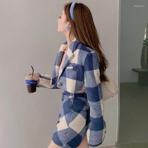 Dwuczęściowa sukienka 2024 Sweet Short Plaid Blazer Suit Zestaw Summer Kobiety wełniane swobodne biuro Chicka