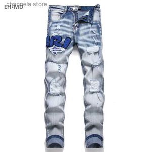 Men's Jeans Hand Embroidered Jeans Men National Style Pattern Personality Cotton High Elastic Slim Trousers 3D High Street Wash Hole Skull 4 T240205