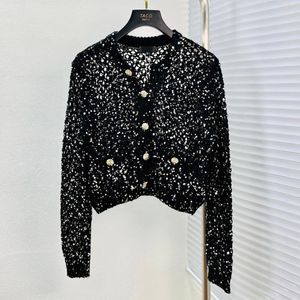 Marca de moda europeia Cardigan preto de manga comprida com lantejoulas e corte curto