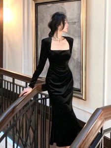 Autumn Women Elegant Long Black Velvet Dress Sexig Prom Evening Party Birthday Club Dresses Female Fashion Bodycon Robe 240129