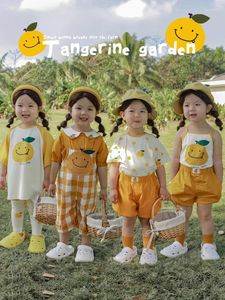 Clothing Sets Girls Orange Series 2024 Summer T-shirt Set Baby Versatile Cool Suspenders Fashion Check Shorts