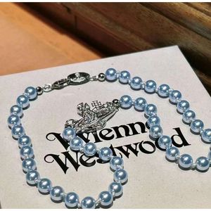 디자이너 Viviane Westwoods Jewelry Viviennr New Western Empress Dowager Blue Pearl Necklace Womens High End Blue Diamond Saturn Style Fashion Versatile Light Luxu