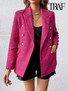 Traf Women Fashion Double Breasted Tweed Blazer Coat Vintage Long Sleeve Flap Pockets Female Outerwear Chic Tops 240202