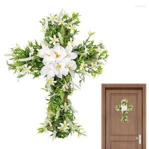 Fiori decorativi Croce Corona Artificiale Lilien Verde Pasqua Porta Primavera per la decorazione cristiana esterna anteriore