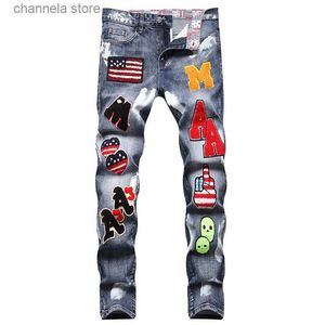 Męskie dżinsy High Street Fashion dżinsy litera haft designerka farba olejna rysunek drukowane dżinsy punkowe spodnie chude dżinsy hip hop t240205