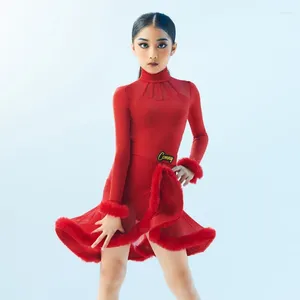 Stage Wear Professional Latin Dance Competition Dresses Plush Edge ChaCha Dancing Performance Clothing Long Sleeve Bodysuit Skirt YS5320