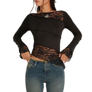 Maglietta basic da donna vintage manica lunga nera chic sexy pizzo trasparente patchwork slim fit top fata vestire per casual quotidiano 240130