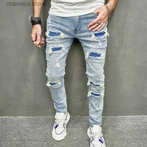 Jeans da uomo Nuovi uomini Fori Pantaloni jeans skinny casuali Pantaloni streetwear maschili alla moda strappati solidi Hip Hop Pantaloni in denim slim T240205