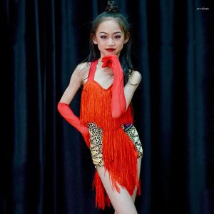 Stage Wear Kids Red Latin Dance Dress Tassel Competition Clothing Girls Fringe Rumba Cha Performance Clothes DNV19487