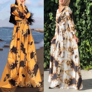 Ethnic Clothing Stylish Slim-fit Dress For Women Printed Lace-up Muslim Elegant Femme Long Sleeve Dubai Abaya African Robe Islam