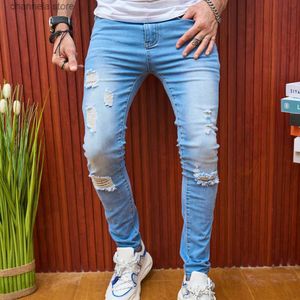 Мужские джинсы Стильная уличная одежда Мужские узкие джинсы Брюки с отверстиями Твердые повседневные тонкие мужские джинсовые брюки T240205