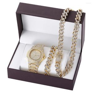 Wristwatches 2024 Luxury 3pcs/set Men Watch Set Gift Box Hip Hop Cuban Chain Iced Out Necklace Bracelet Rhinestones Bling Jewelry For