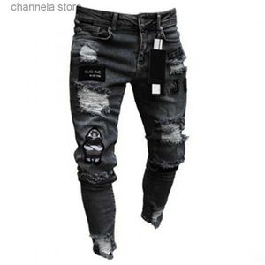 Jeans masculinos homens elástico rasgado skinny motociclista bordado desenhos animados impressão jeans destruído buraco slim fit denim de alta qualidade hip hop jeans preto t240205