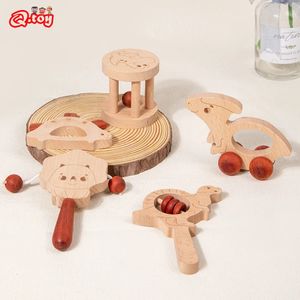 5 pçs dinossauro instrumento musical brinquedos conjunto de madeira chocalho handshaker sino música educacional montessori para crianças presente 240131