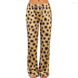 Kvinnors byxor Kvinnor Wide Leg Long High midja Drawstring Trousers Leopard Mönster Plaid Printing Casual Loose Straight Ben Fashion