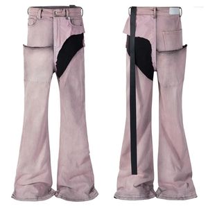 Jeans masculinos harajuku moda lavável perfurado e feminino painel de dupla camada hip hop calças flare y2k rosa denim