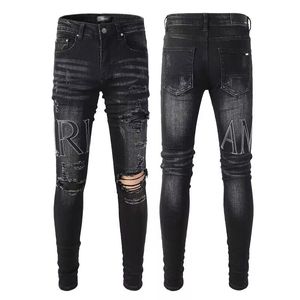 Мужские джинсы, дизайнерские High Street, цветочный джинсовый венок, черные, потертые прямые джинсы, свободные брюки, сложенные джинсы, байкер, дальнобойщик, фиолетовая куртка, модная винтажная кожаная нашивка