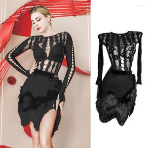 Stage Wear Latin Dance Dress Long Sleeve Fringe Competition Costume Women Practice ChaCha Rumba Tango Dancing Clothes VDB7929