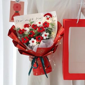 Fiori decorativi Bouquet di fiori natalizi all'uncinetto Buon regalo Stringa di lampada di Babbo Natale fatta a mano con rose rosa lavorata a maglia