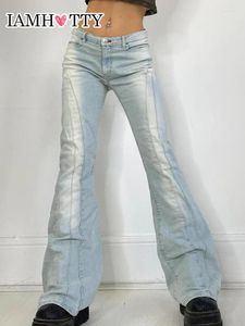 Kvinnors jeans iamty tvättade blekt flare y2k hög midja baggy denim byxor casual streetwear vintage mode byxor kvinnor koreanska