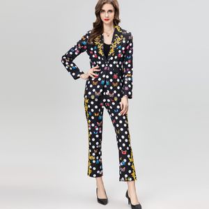 Women's Three Piece Pants Sets Notched Collar Beaded Printed Blazer with Ankle Length Pant Fashion Twinset