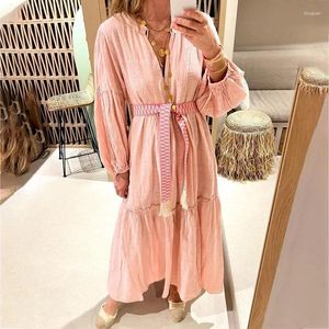 Casual Dresses Wepbel Cotton Linen Long Dress Causal Women Solid Color Loose Fashion V-neck Puff Sleeve Bohemian Full Length