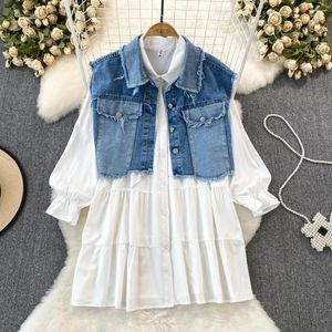 Work Dresses VANOVICH Temperament Denim Vest Coat Korean Style Long-sleeved Polo Neck Loose Single-breasted A-line Dress Female Two-piece