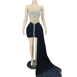 Stage Wear Silver Crystals Black Velvet Train Dress Birthday Celebrate Sleeveless Outfit Women See Through Evening