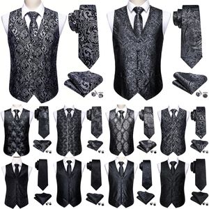 Элегантный мужской жилет, шелковый черный, серебристый, с цветочным принтом пейсли, костюм, жилет с галстуком-бабочкой, комплект без рукавов, формальная куртка Barry Wang 240119