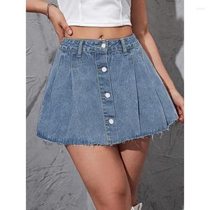 Saias femininas vintage azul denim meio corpo saia zíper plissado cintura alta casual moda baggy a-line jean curto senhoras verão